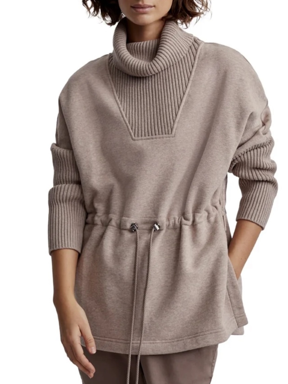 Varley Taupe Drawstring Turtleneck Tunic Sweater